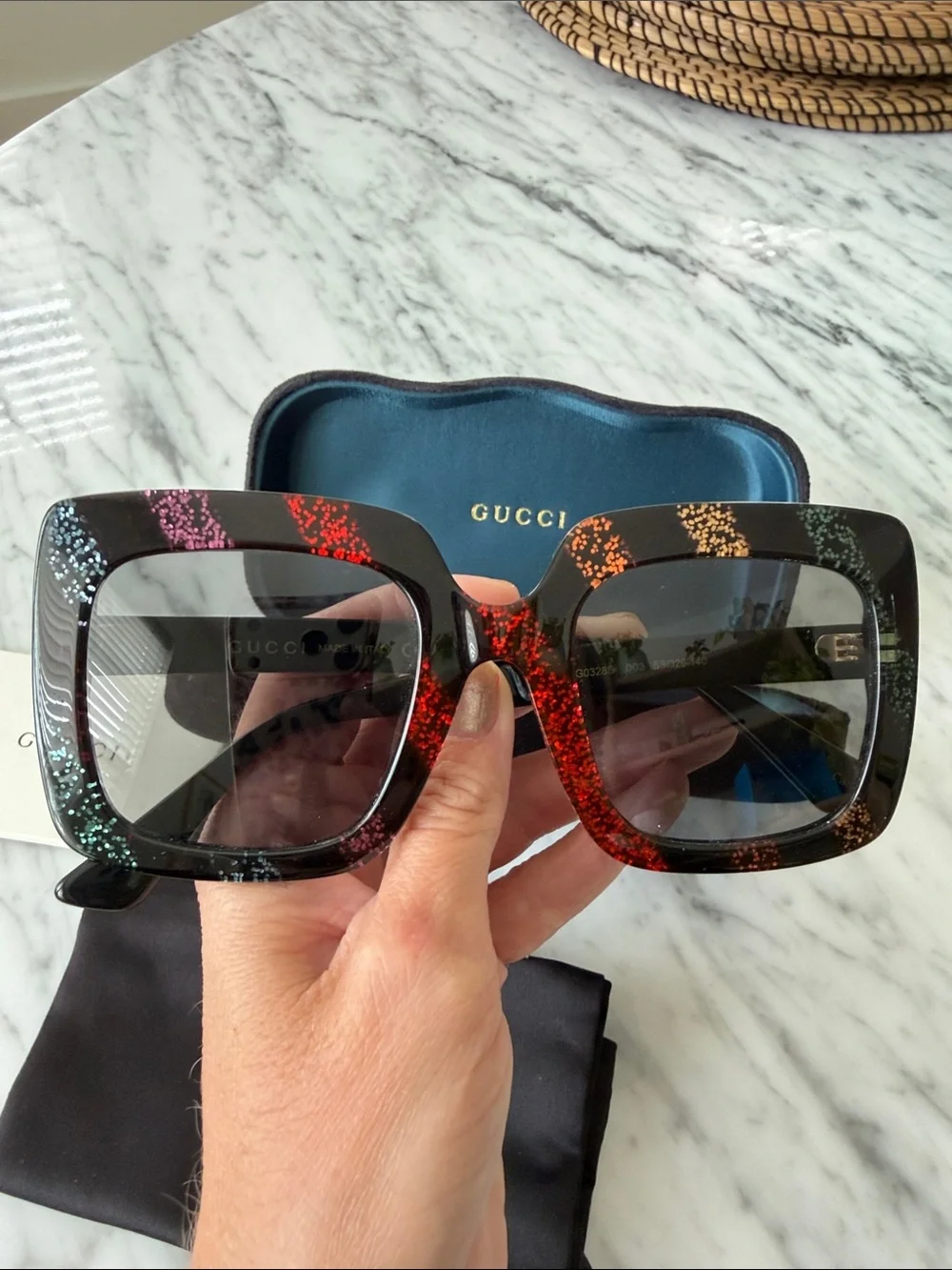 Gucci Black Square Sunglasses with Red & Green Glitter Accents